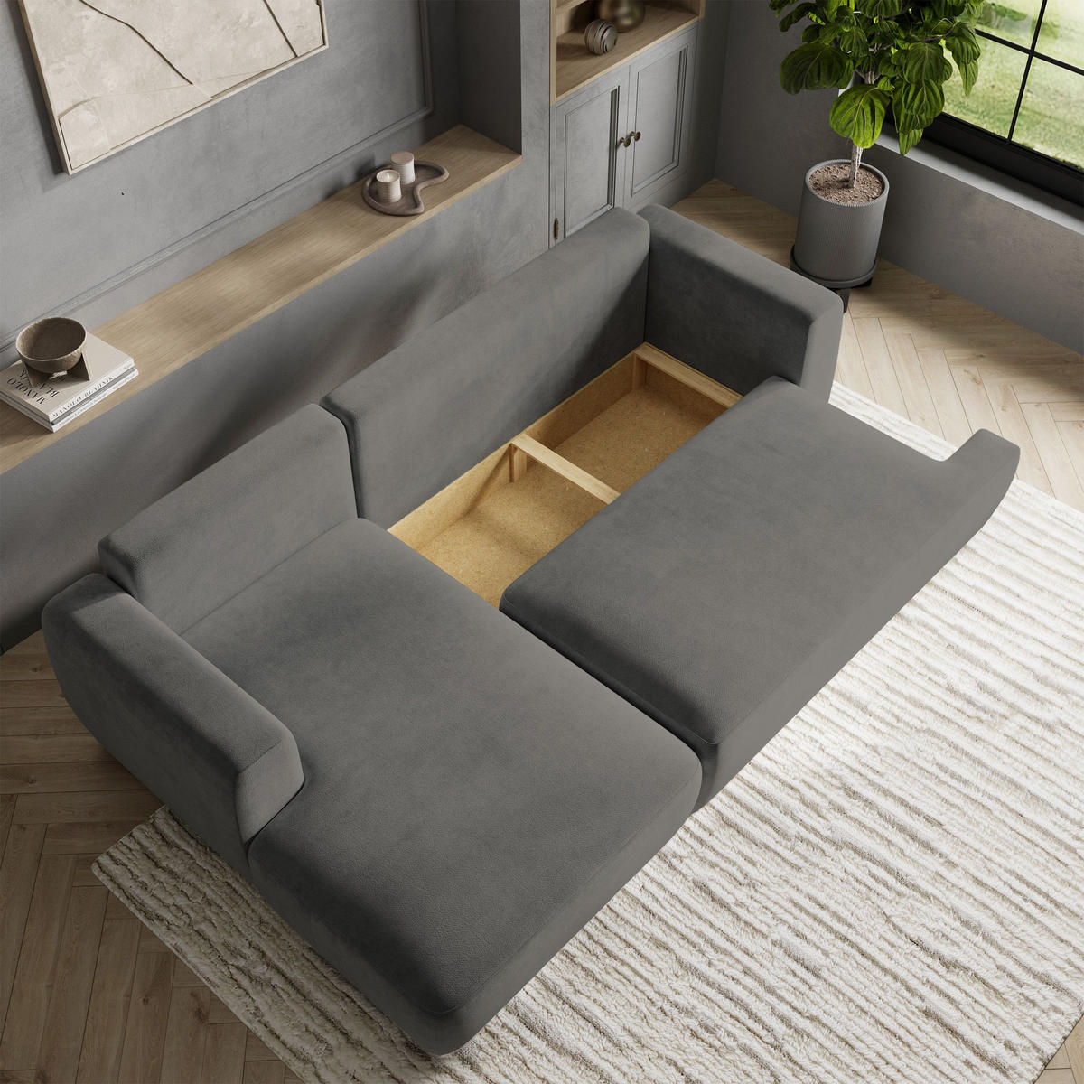 ECKSOFA SENTI K L-S Grau Plüsch-Stoff mit Schlaffunktion - Grau, Holz (246/148cm) - MASSENO