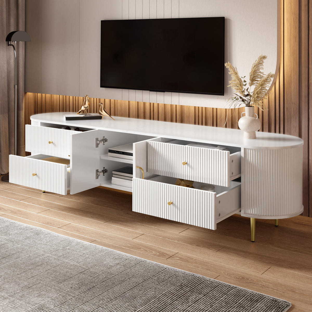 TV-RACK 180/40/53 cm Weiß mit 4 Schublade - Weiß, Holz (180/53/40cm) - Oxeza