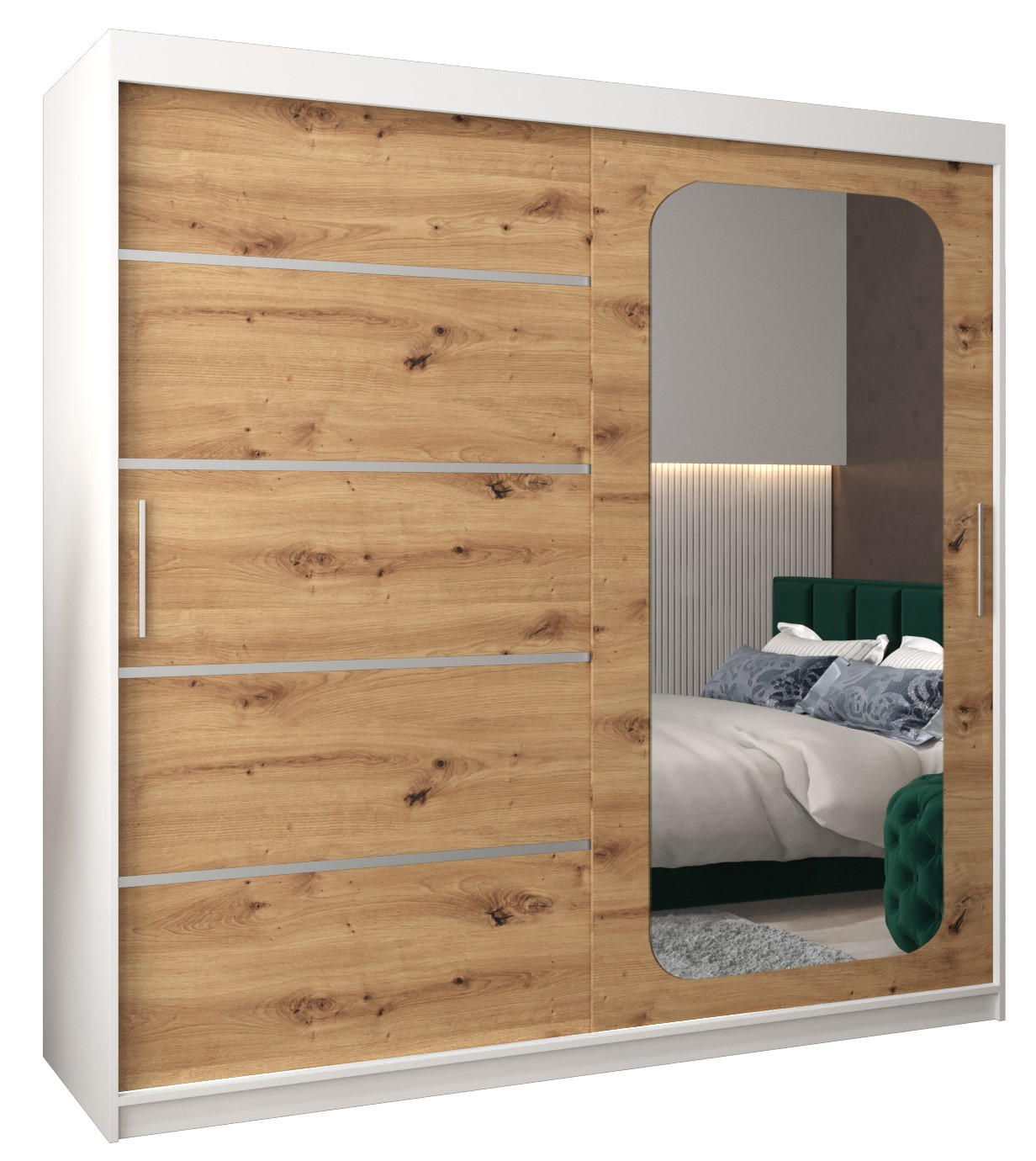 Abiks Möbel Schwebetürenschrank Weiß, Eiche Artisan 200x200x62 cm
