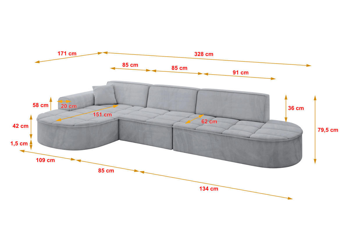 ECKSOFA Ottomane Links TARO-L2 - 328x171x79,5 cm Hellgrau - Grau, Holzwerkstoff/Textil (328/171cm) - ALTDECOR