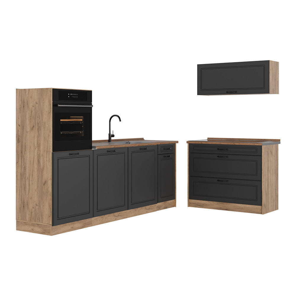 KÜCHENZEILE R-Line, Anthrazit Landhaus/Goldkraft Eiche, 220 cm Arbeitsplatte Goldkraft Eiche - Eichefarben/Anthrazit, Holzwerkstoff (220/143/60cm) - Vicco