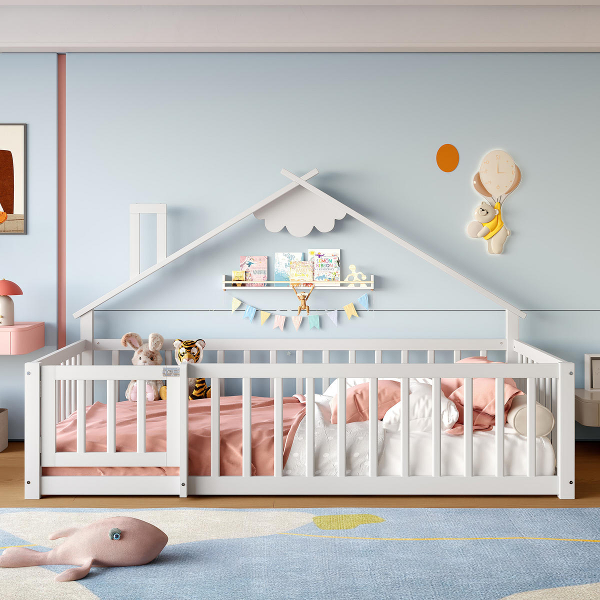 FLACHBETT 90/190 cm Kinderbett aus Kiefernholz mit Geländer und Schloss in Weiß - Weiß, Holz (90/190cm) - OKWISH