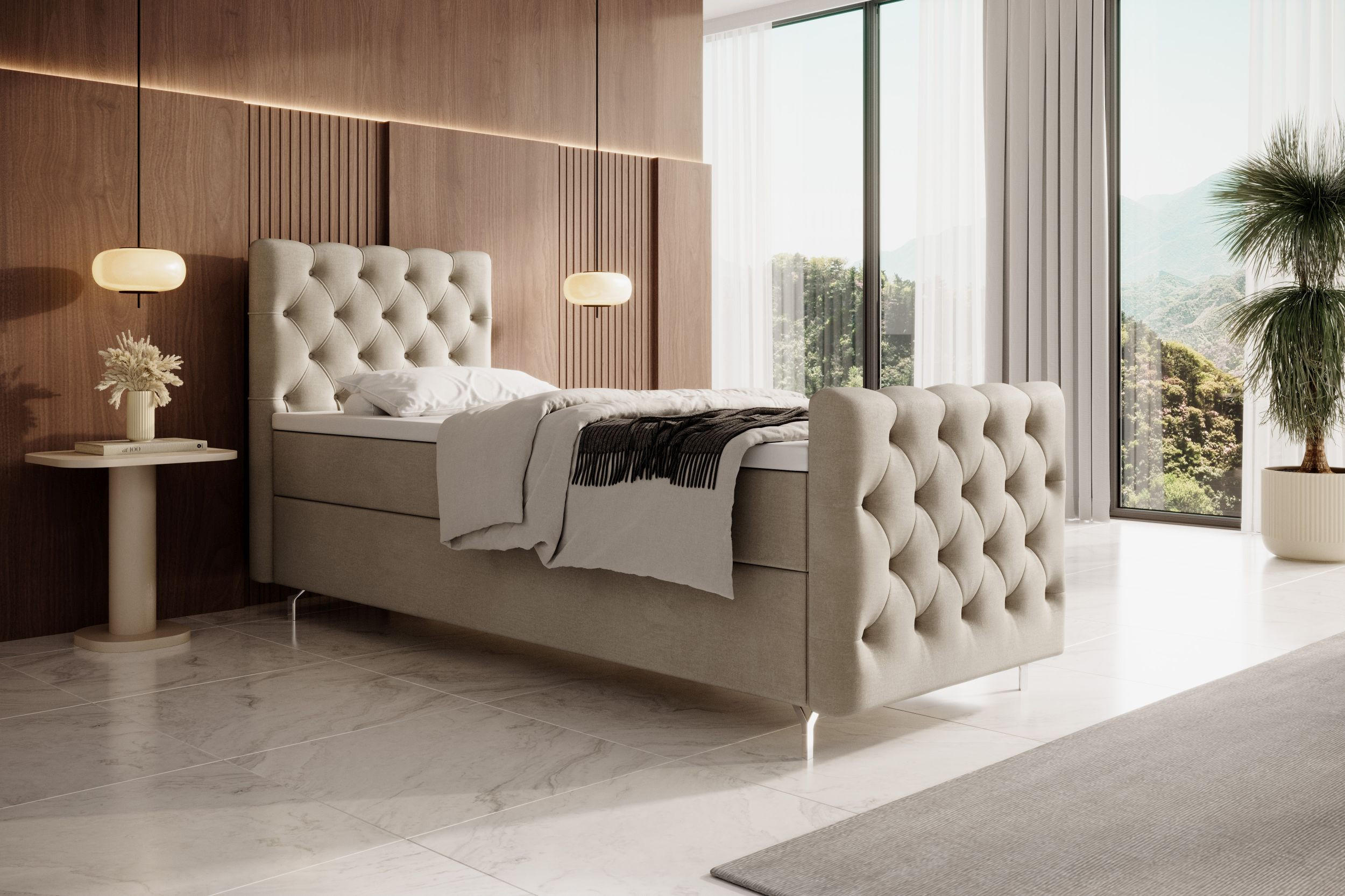 BOXBETT CHESTER PLUS P mit Matratze H3, Bonell und Topper 100x200 Monolith 02 - Beige, Textil (100/200cm) - Bedante