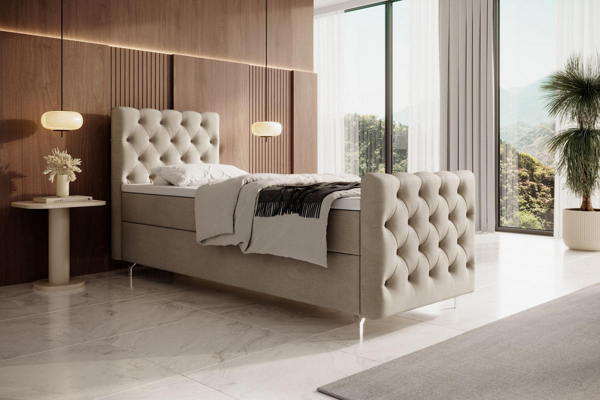 BOXBETT CHESTER PLUS mit Matratze H3, Bonell und Topper 80x200 Monolith 97 Rechts - Dunkelgrau, Textil (80/200cm) - Bedante