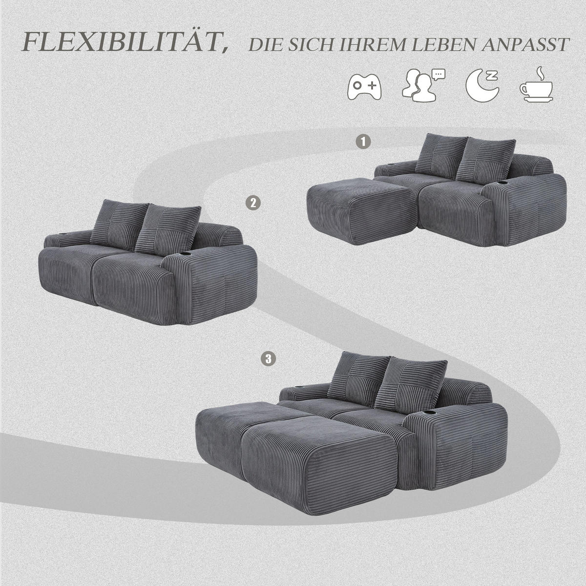 MODULARES 2-Sitzer Sofa Cordstoff mit Getränkehalter und Seitentasche 200/174/80 cm Dunkelgrau - Dunkelgrau, Textil (174/80/200cm) - Redom