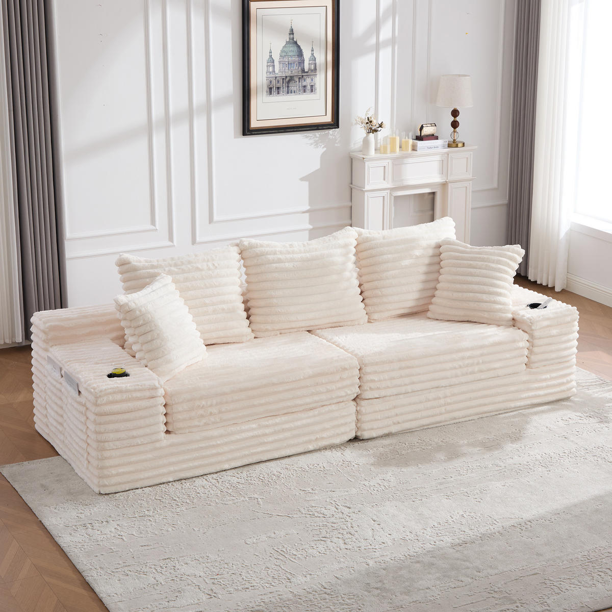SCHLAFSOFA aus Cord mit Getränkehaltern und Kissen, Beige - Beige, Textil (107.48/34.25/38.58cm)