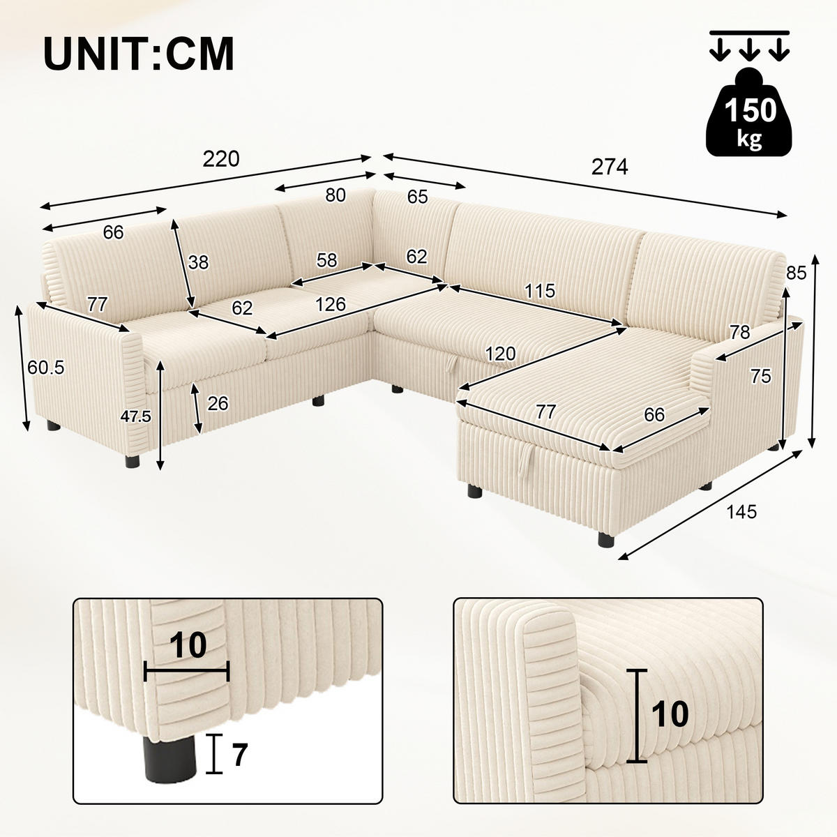 SOFA U Oblik na Razvlačenje Cord 220x274x85 cm Bež - bež, tekstil (274/85/220cm) - FLIEKS