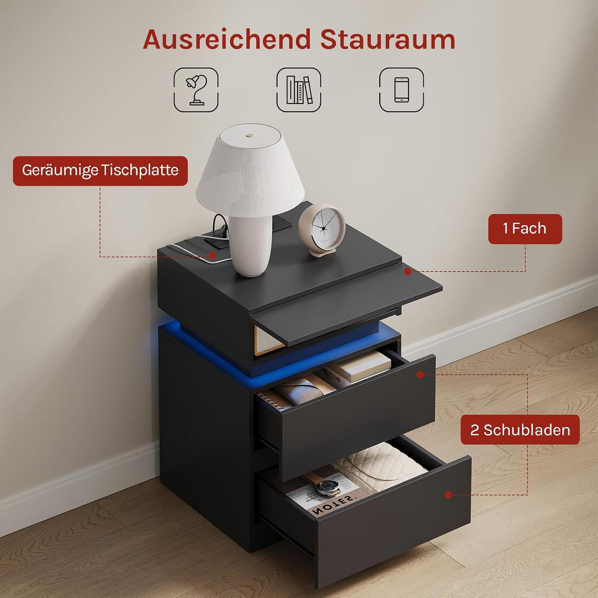 NACHTTISCH mit Ladefunktion und LED, Schwarz - Schwarz, Holzwerkstoff (40/55/35cm) - Woltu