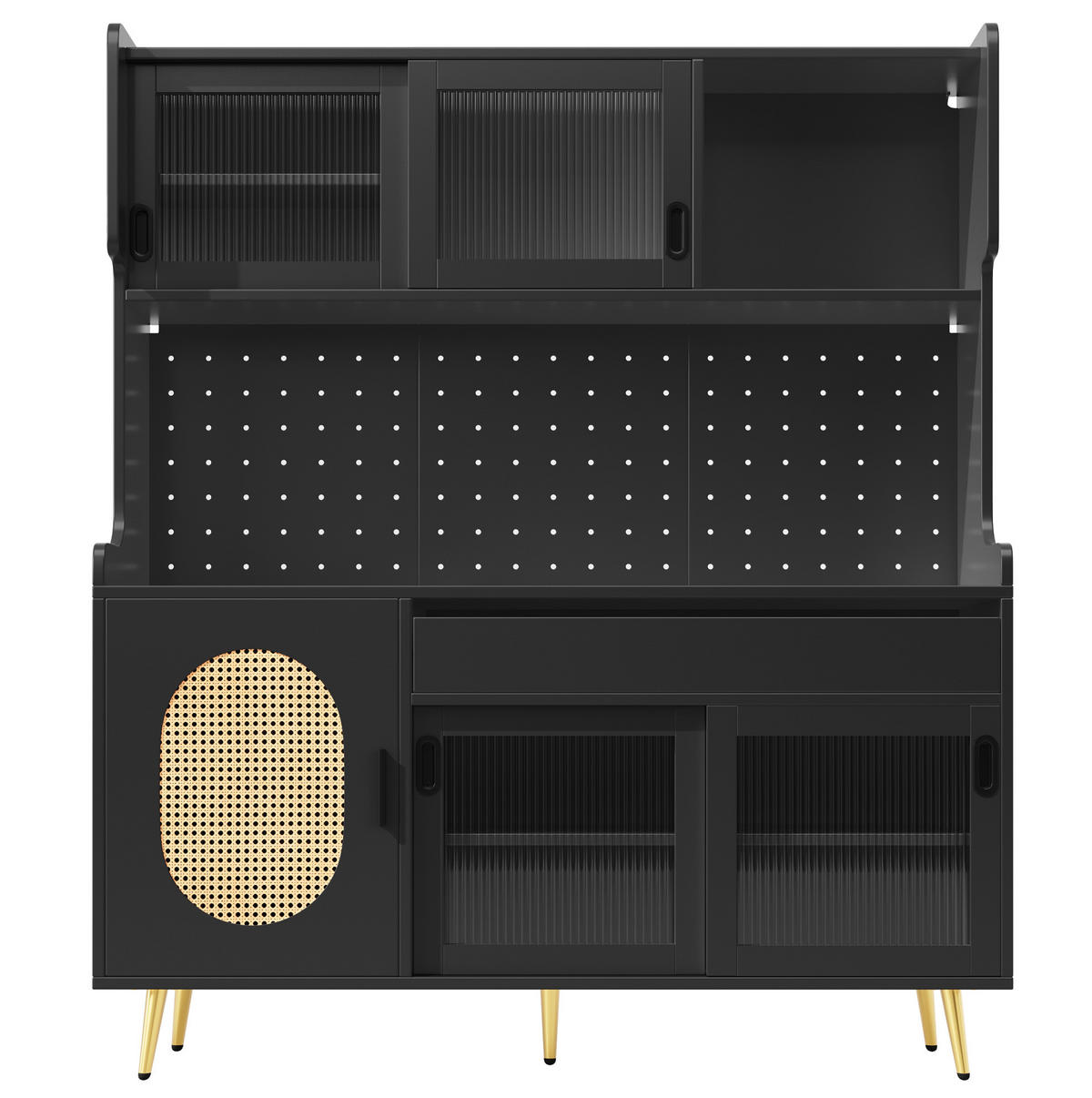BUFFETSCHRANK 145/39/171 cm mit LED-Lichtleiste, Lochplatte und viel Stauraum aus MDF, Schwarz - Schwarz, Holzwerkstoff (145/171/39cm) - Redom