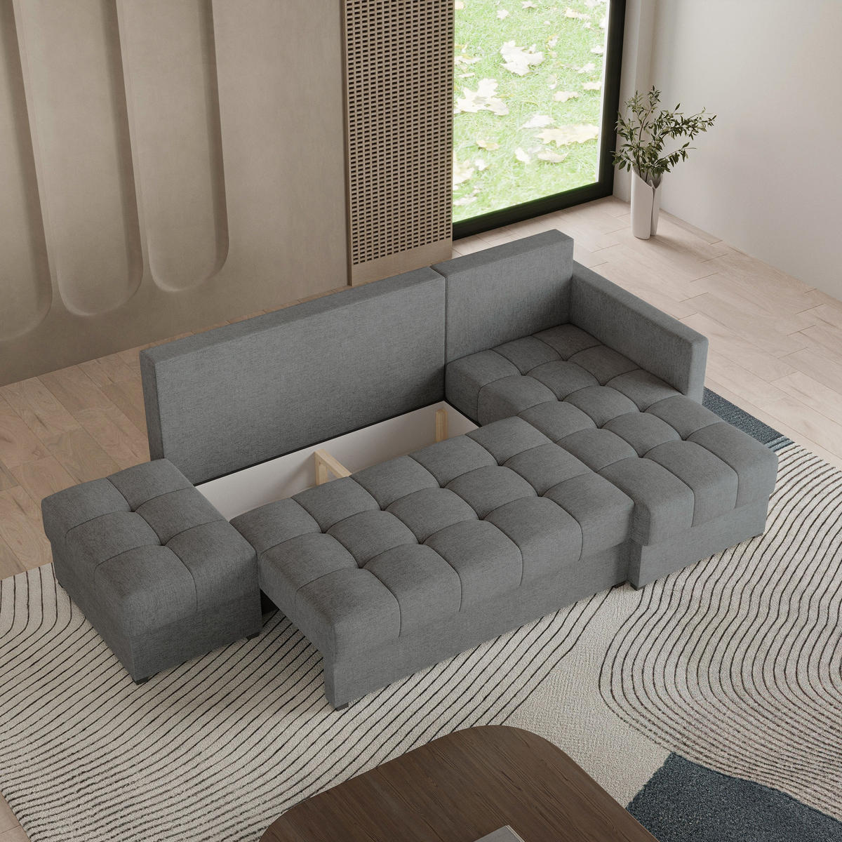 ECKSOFA LUMARI R-S Grau Plüsch-Stoff mit Schlaffunktion - Grau, Holz (262/143cm) - MASSENO
