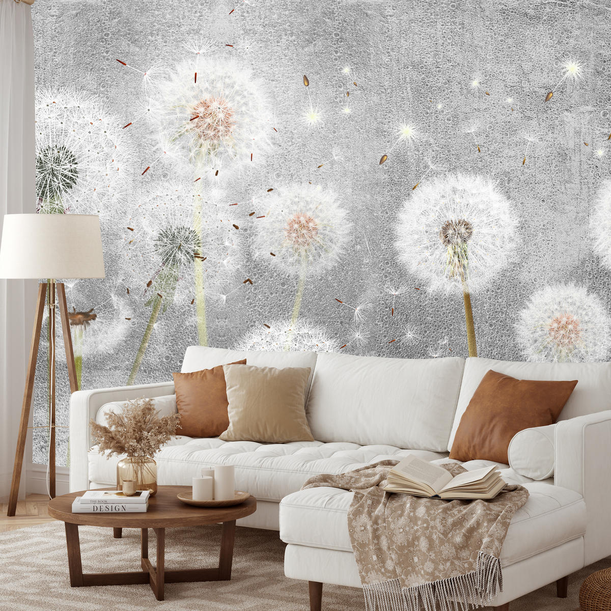 FOTOTAPETE für Schlafzimmer Retro Löwenzahn Beton Minimalistisch 450x315 - Gelb/Weiß, Papier (450/315cm) - Muralo