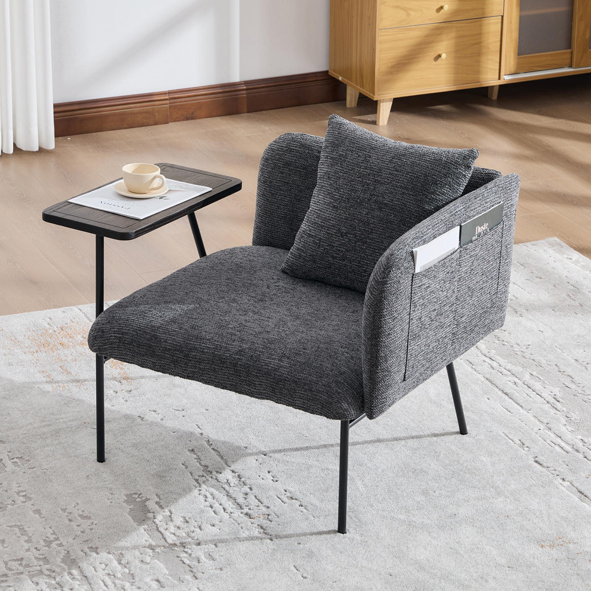 SESSEL mit Beistelltisch und Seitentaschen, Polstersessel Wohnzimmer, Dunkelgrau - Grau, Textil (64/71/64cm) - PARAFTA HOME