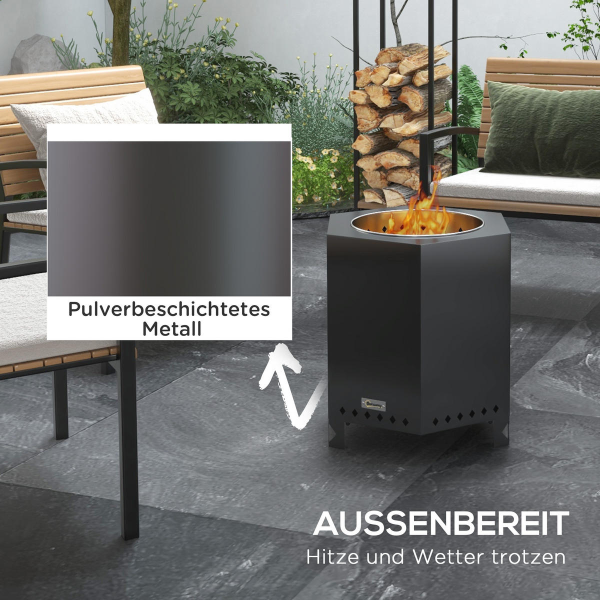 FEUERSCHALE, Metall, Edelstahl, Schwarz - Schwarz, Metall (38.8/46.5/45cm) - Outsunny
