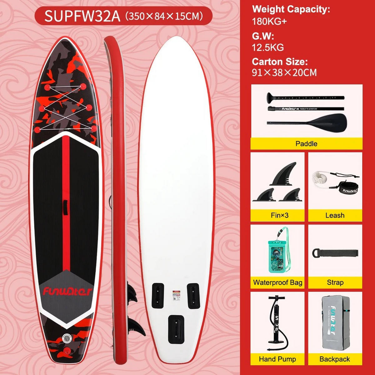 STAND-UP PADDLE BOARD FW32A 350X84X15CM - Rot/Schwarz, Kunststoff (84/350cm) - Kaket