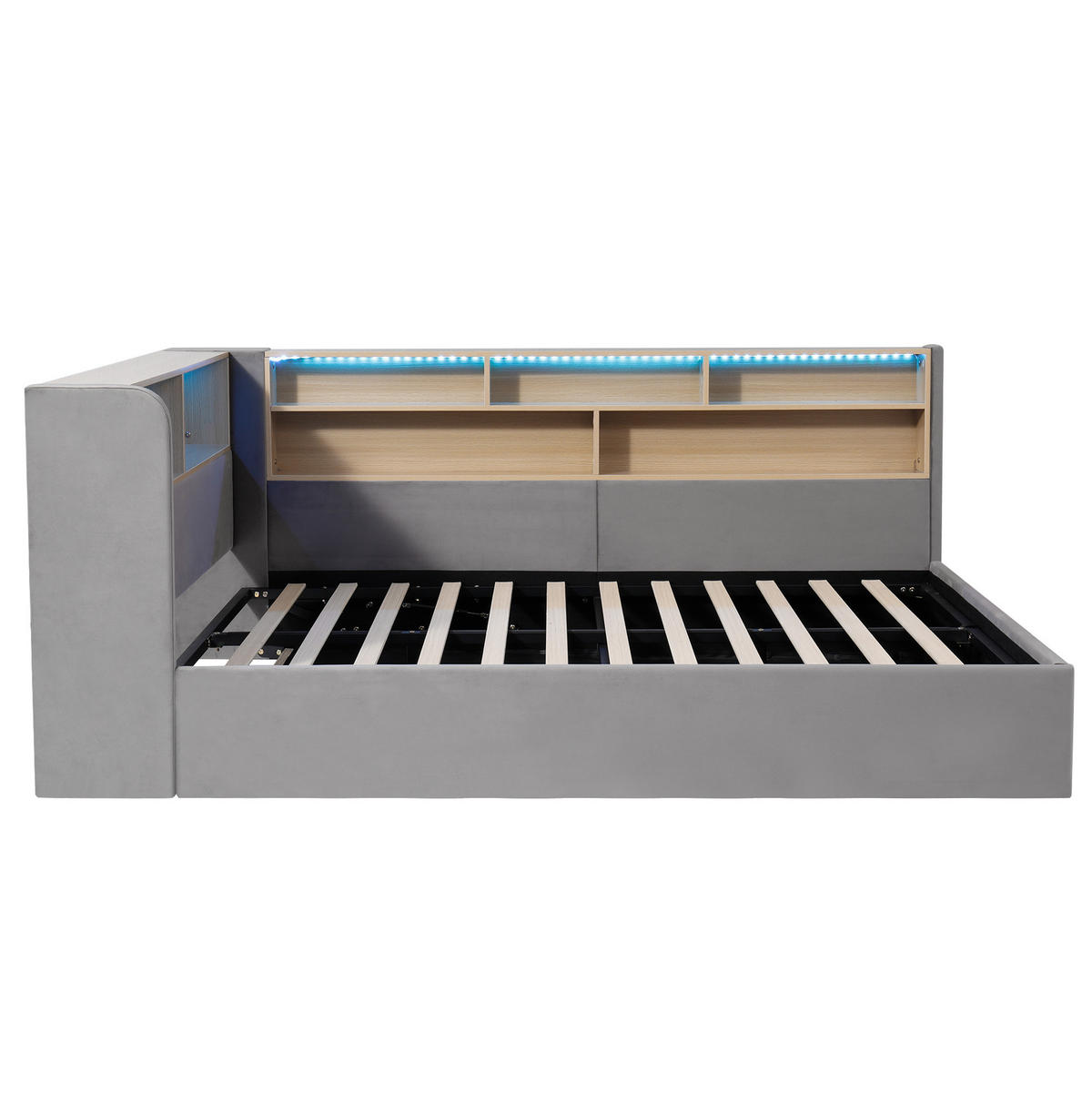 TAGESBETT 140/200 cm mit hydraulischem Stauraum, LED, USB- und Type-C-Anschluss sowie Samtbezug, Grau - Grau, Textil (140/200cm) - Redom