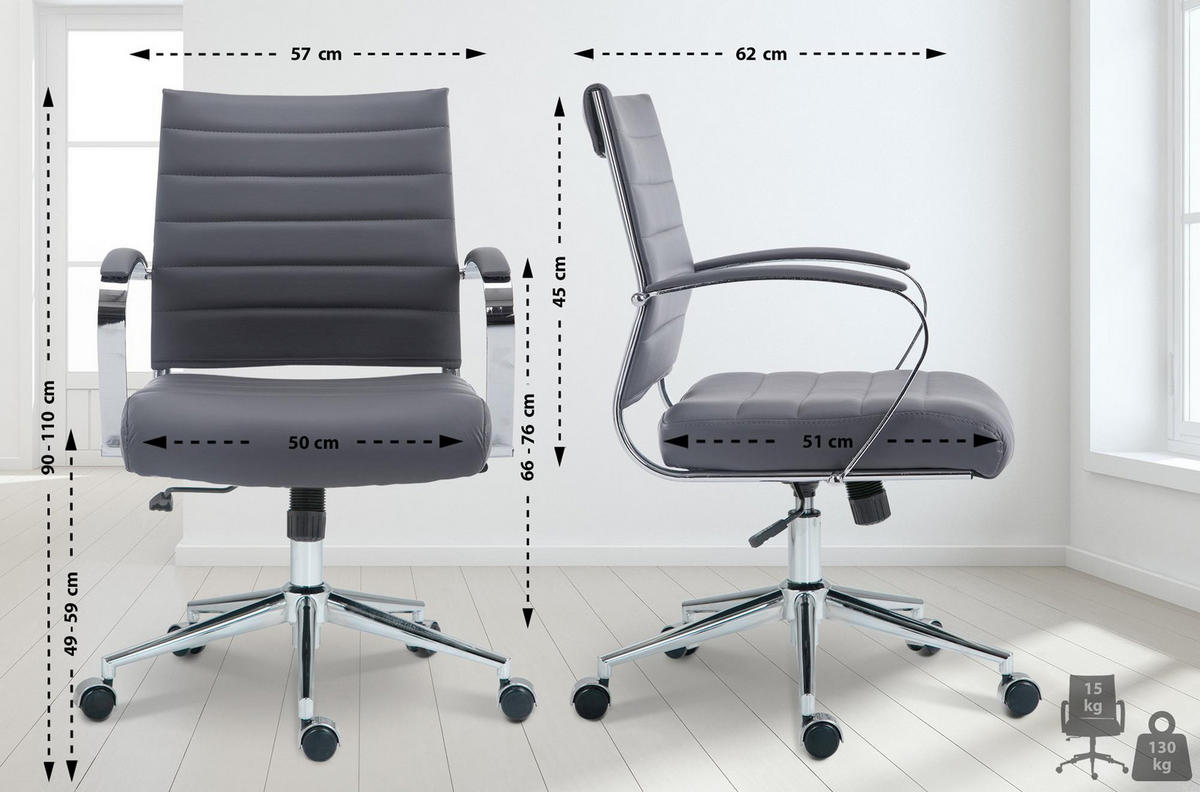 BÜROSTUHL Rynex Kunstleder grau - Chromfarben/Grau, Metall (57/100/62cm) - TPFLiving