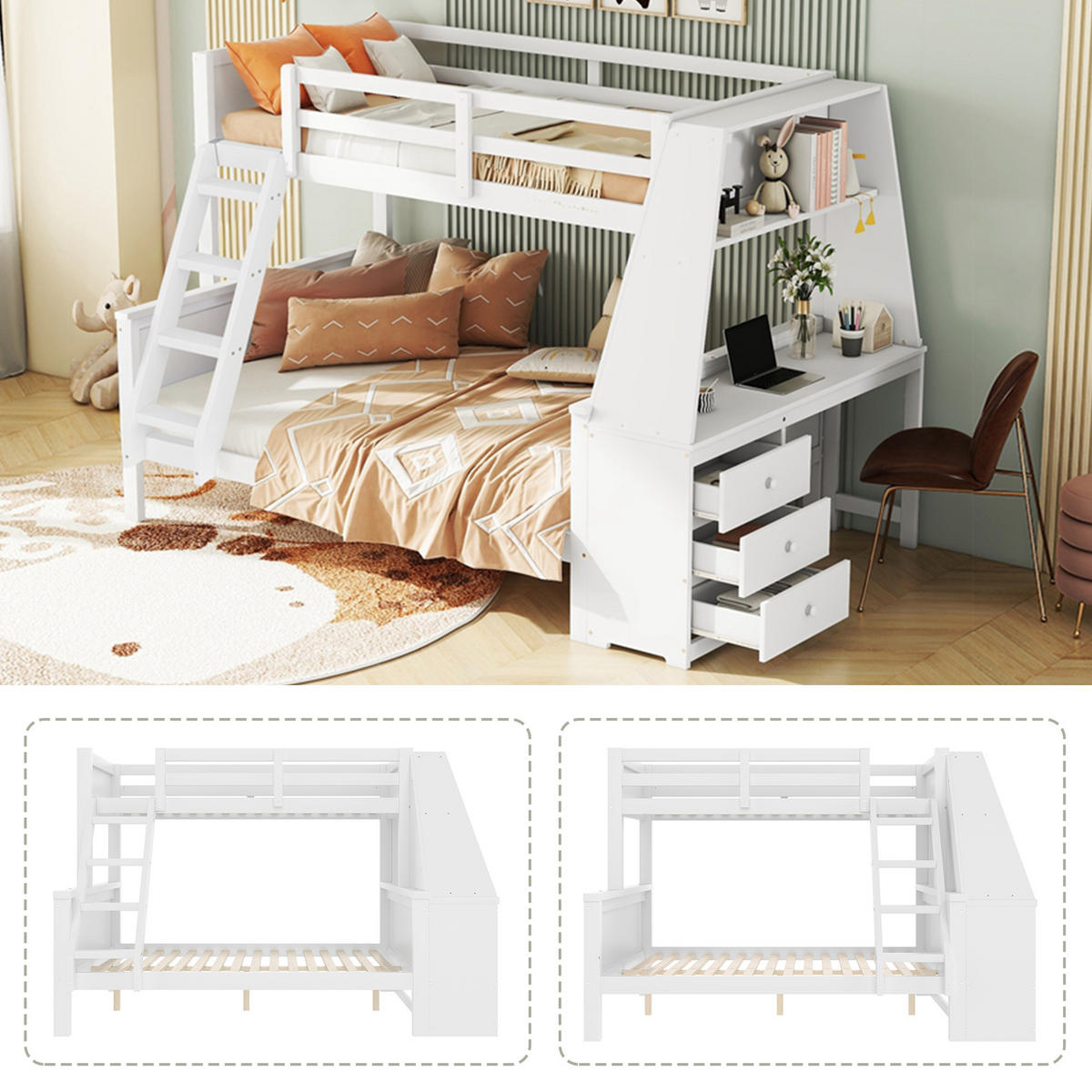 ETAGENBETT 90x200cm + 140x200cm Weiß Kinderbett Tisch Stauraum - Weiß, Holz (140/200cm) - FLIEKS