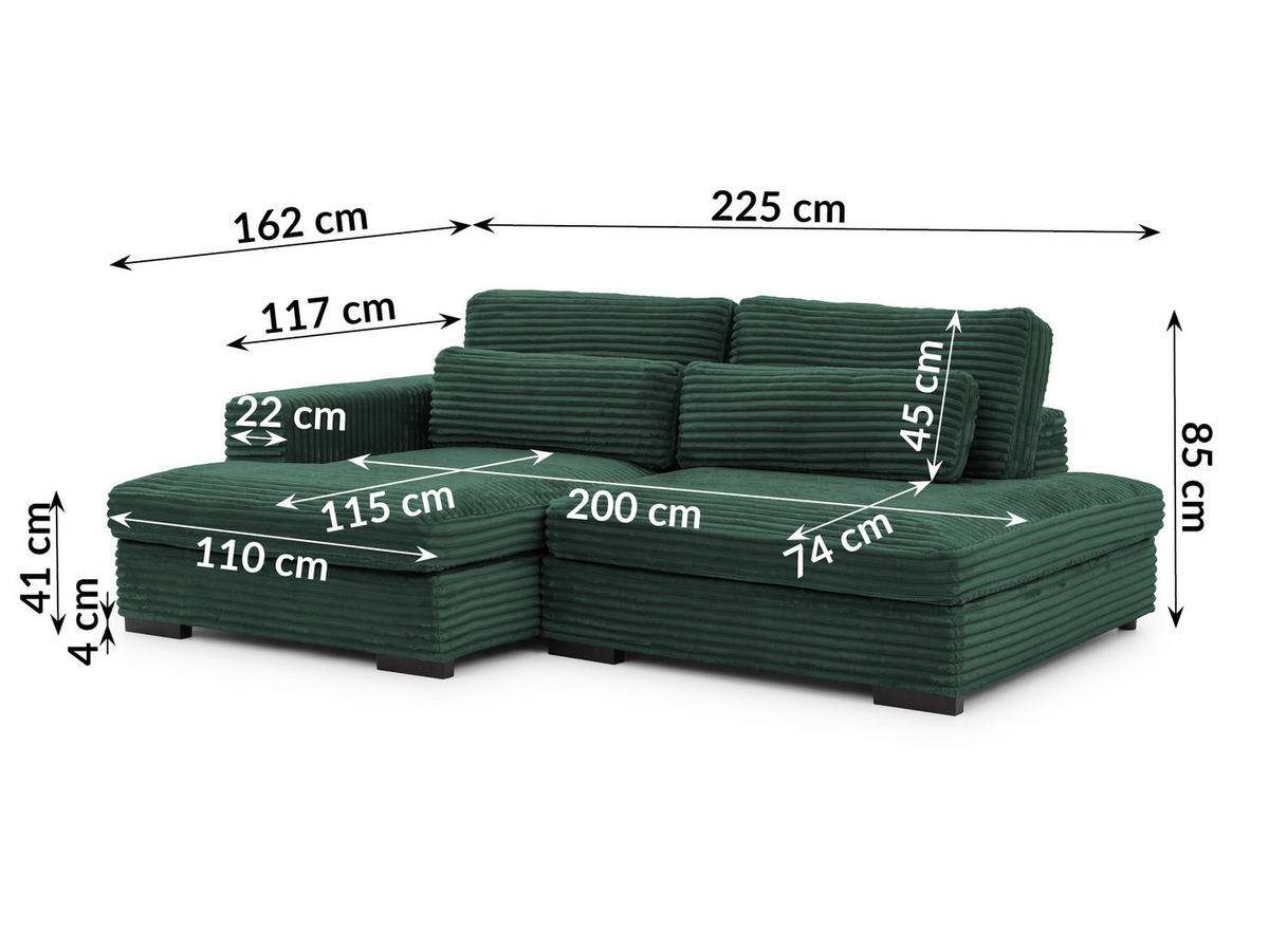ECKSOFA Wolke mit tiefer Sitzfläche, Schlaffunktion und praktischem Bettkasten aus weichem Grün Cordstoff - Schwarz/Grün, Holz/Kunststoff (162/225cm) - S-Style