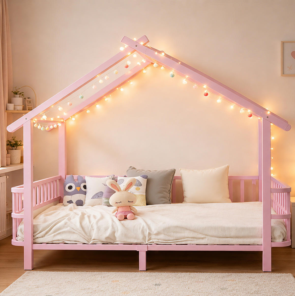 KINDERBETT Hausform 90/200 cm Rosa mit Dachdesign und Sicherheitsgitter ohne Matratze - Rosa, Metall (90/200cm) - MIVRAY