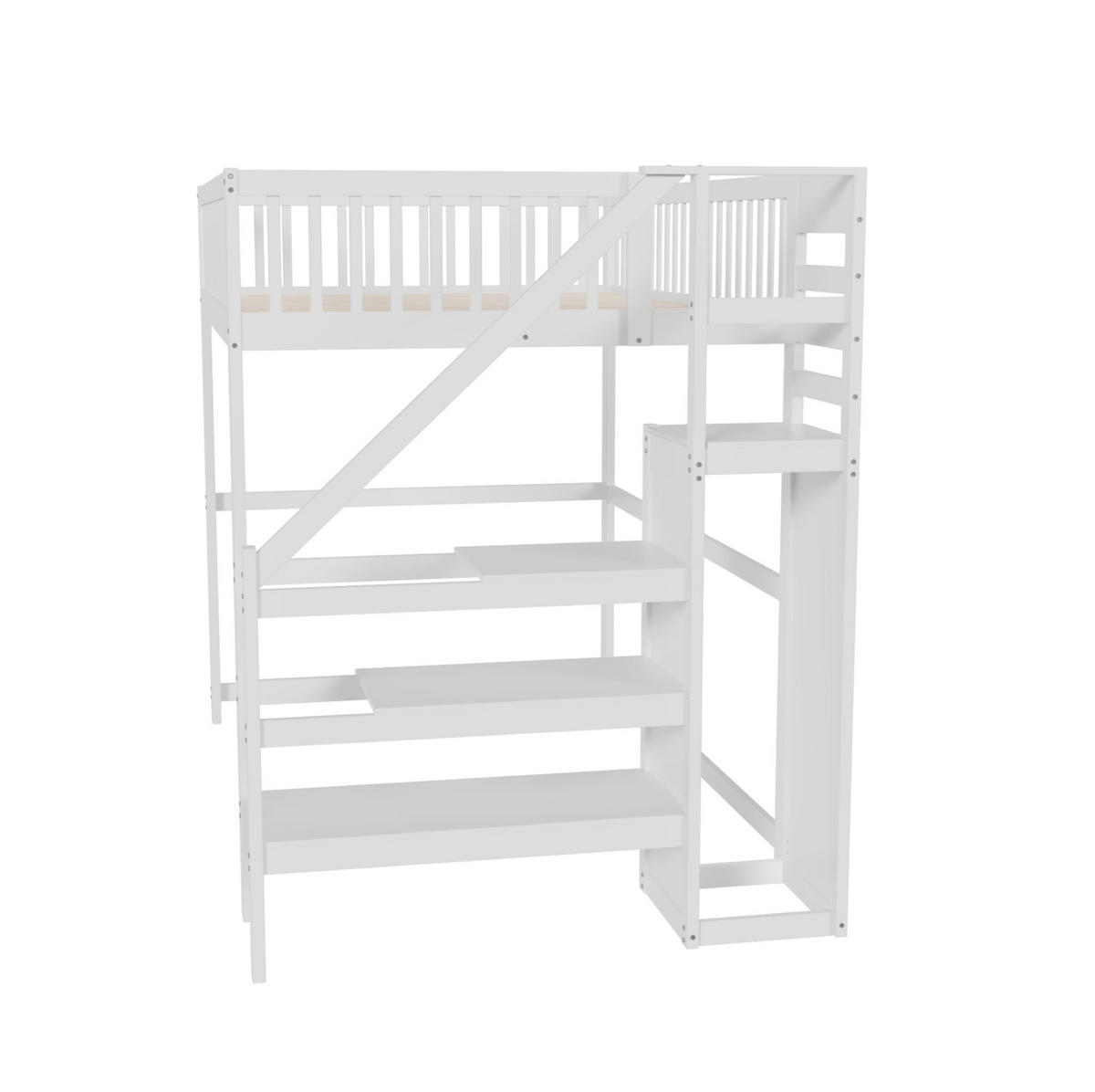 HOCHBETT 140/200 cm Weiß aus Holz mit Treppe, Kleiderschrank und Stauraum - Weiß, Holz (140/200cm) - Flora Grace