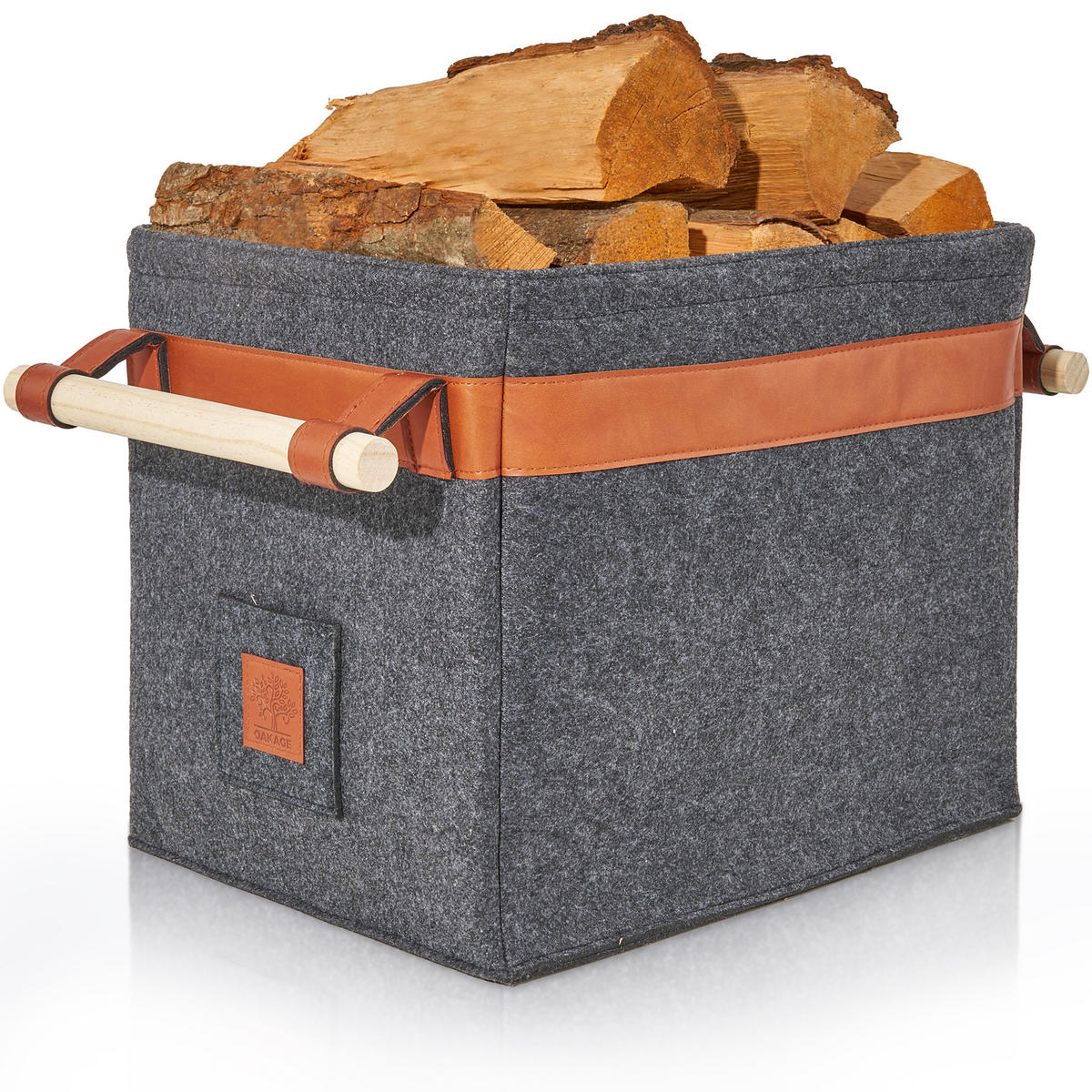 KAMINHOLZKORB Classic Filz mit Metallrahmen für Zusatzstabilität 42/32/35 cm - Dunkelgrau, Textil (32/35/42cm) - OAKAGE