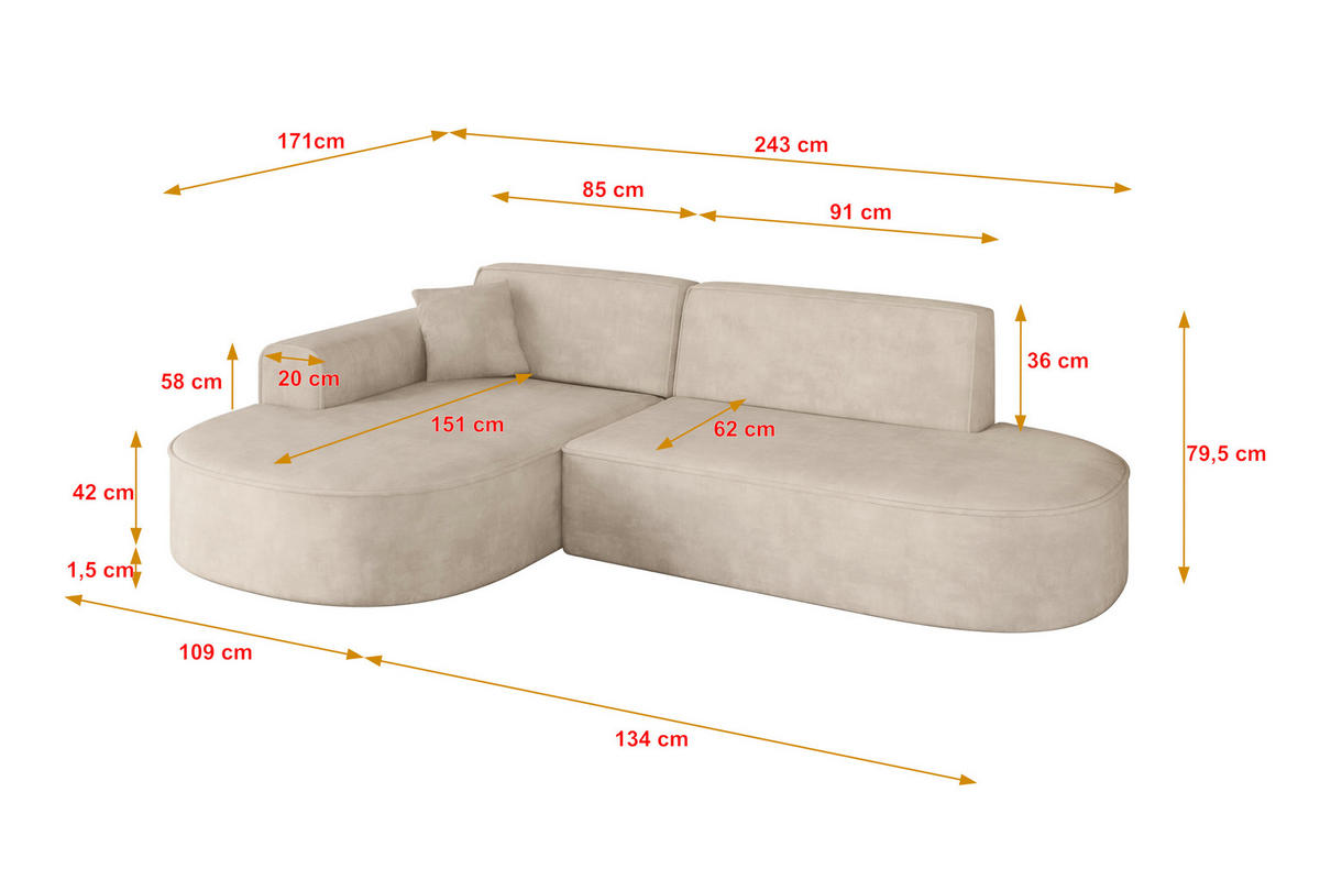 ECKSOFA Ottomane Links MARI-L1 - 243x171x79 cm Beige Velours - Beige/Schwarz, Holzwerkstoff/Kunststoff (243/171cm) - ALTDECOR