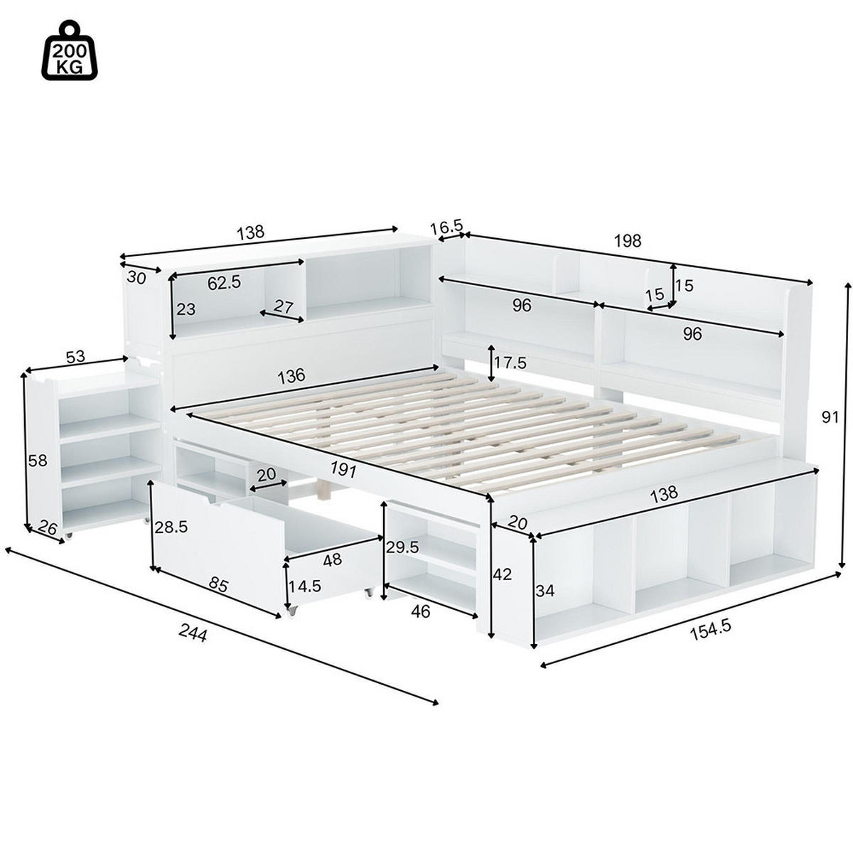 STAURAUMBETT 135 x 190 cm in weiß,Lattenrost inklusive - Weiß, Holz (135/190cm) - KOMHTOM