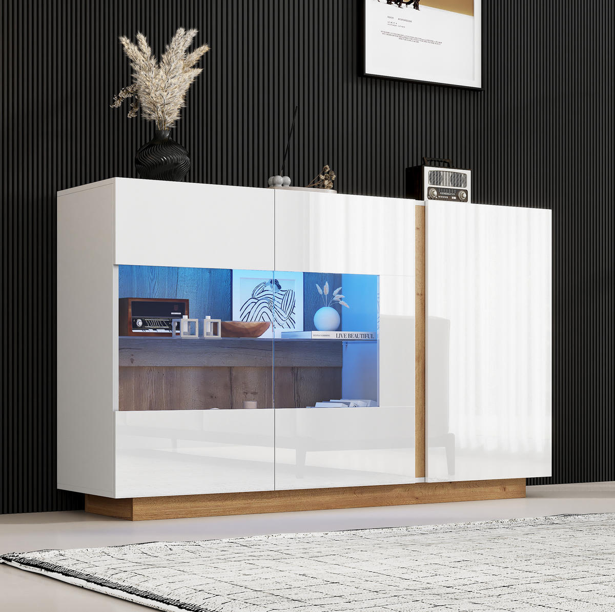 SIDEBOARD aus Spanplatte 138x38,5x90,5 cm Weiß mit RGB-LED, Glasdetails und 3 Türen in Hochglanz - Weiß, Holzwerkstoff (138/90.5/38cm) - Modfu