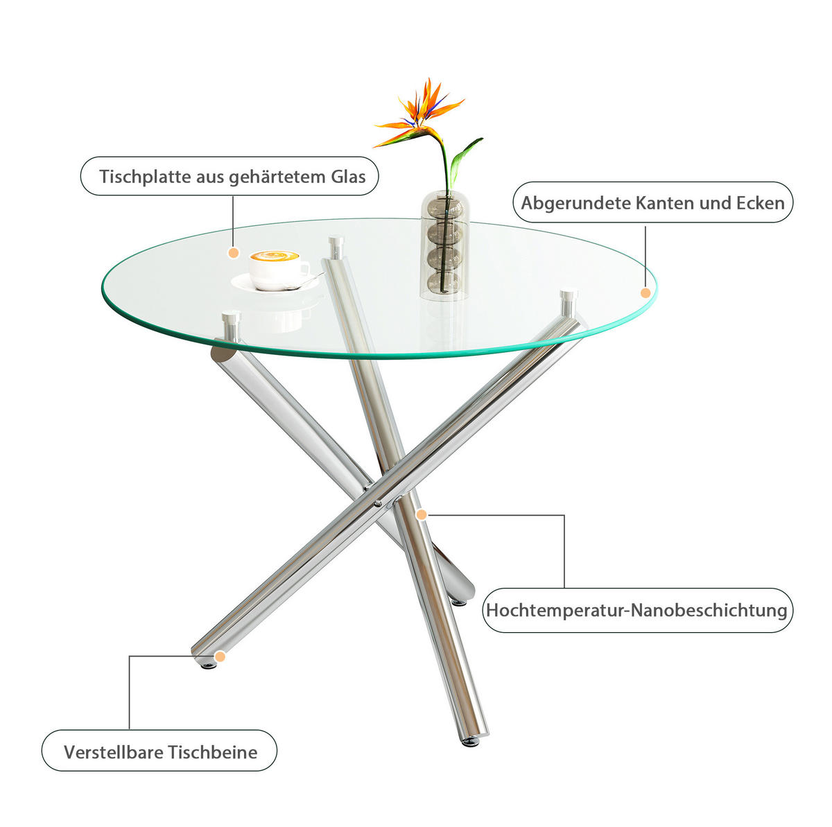 80/76/80 cm Silber aus Glas und Metall mit verstellbaren Gleitern - Silberfarben, Metall (80/80/76cm) - OKMYHOME