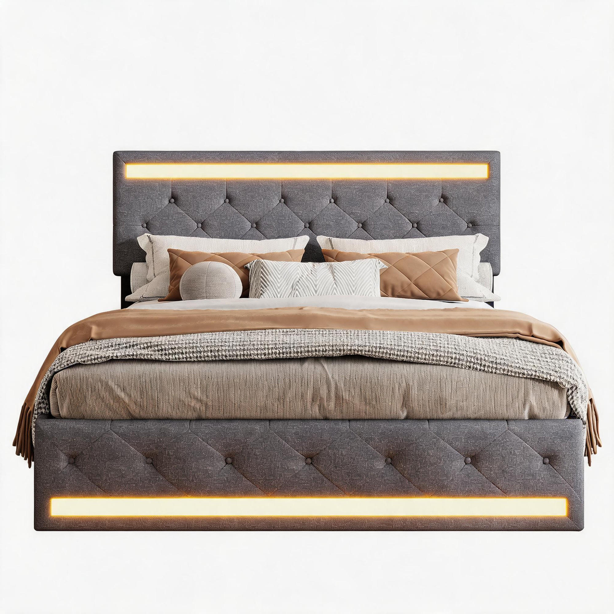 POLSTERBETT 140x200 cm mit LED und USB, Doppelbett mit Lattenrost und Kopfteil, 4 Schubladen, Leinenstoff, Grau - Grau, Textil/Metall (140/200cm) - GENKI LIVING