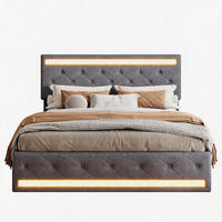 POLSTERBETT 140x200 cm mit LED und USB, Doppelbett mit Lattenrost und Kopfteil, 4 Schubladen, Leinenstoff, Grau - Grau, Textil/Metall (140/200cm) - GENKI LIVING