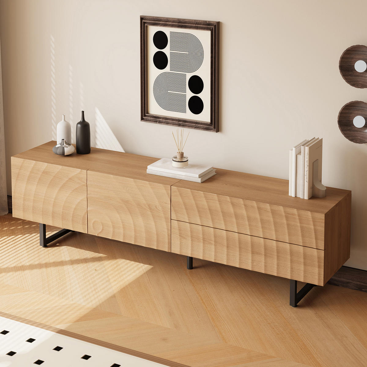 TV-SCHRANK 180x38x51.5 Niedrig 3D-Textur Modernes Design - Naturfarben, Holzwerkstoff (38/51.5/180cm) - FLIEKS