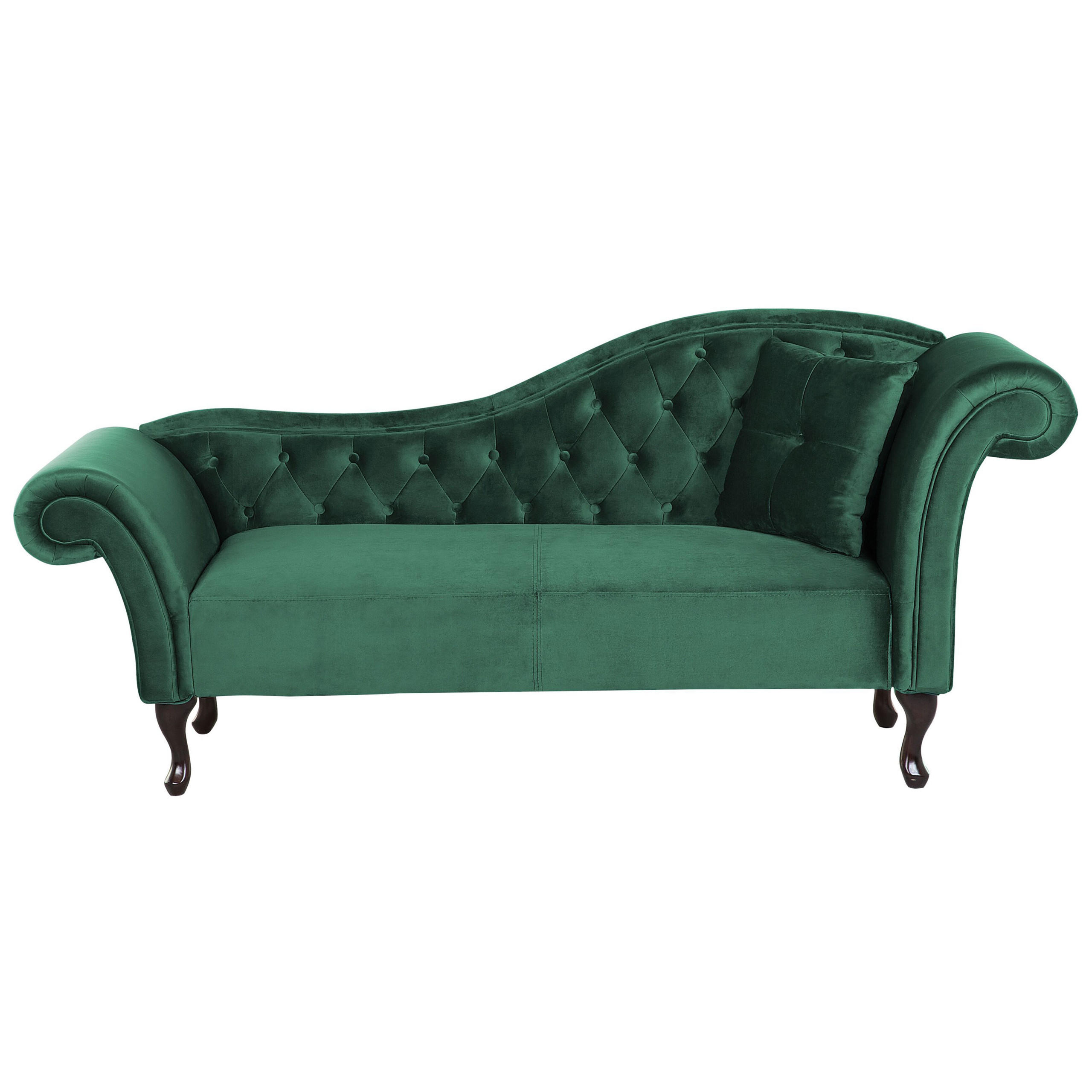 Beliani ČALOUNĚNÉ LEHÁTKO CHAISE LONGUE Sametová látka tmavě zelené pravostranné Lattes