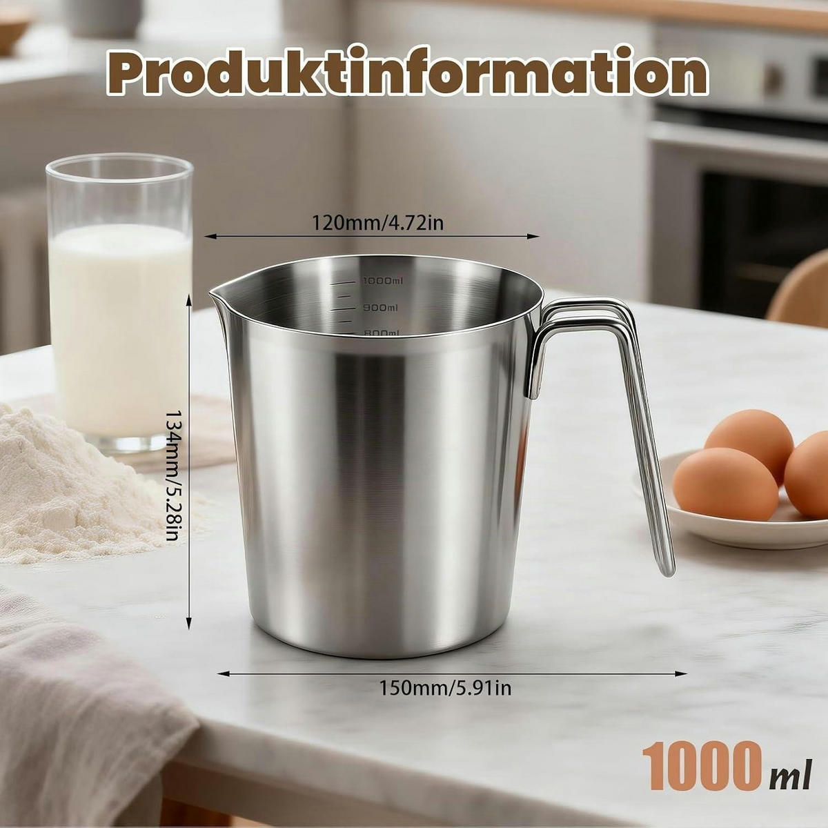 MESSBECHER Edelstahl 1000ml mit Feinskala - Silberfarben, Metall (1L)