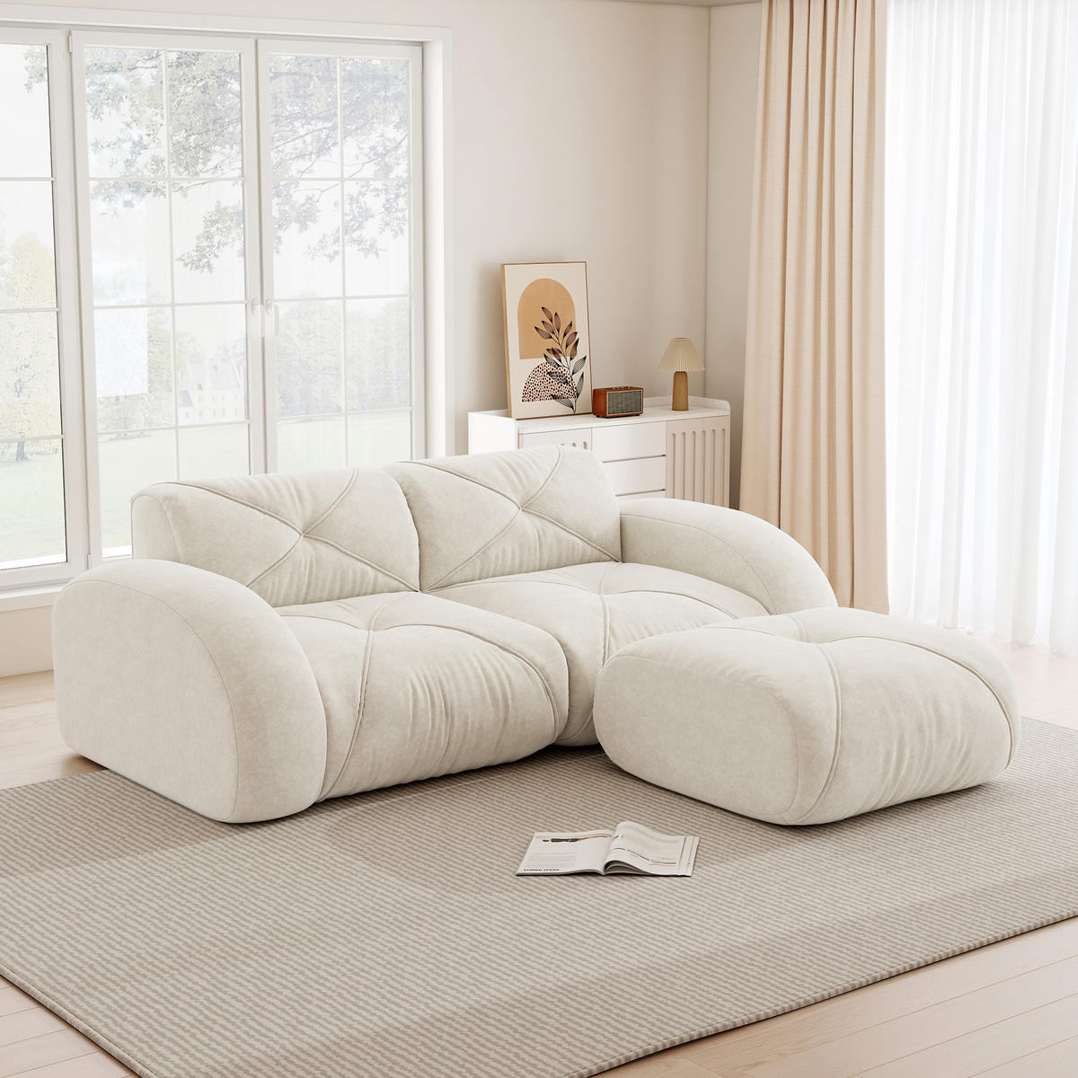 2-SITZER ECKSOFA Chenille Hellbeige mit Hocker - Weiß, Textil (204/171cm) - WISHDOR