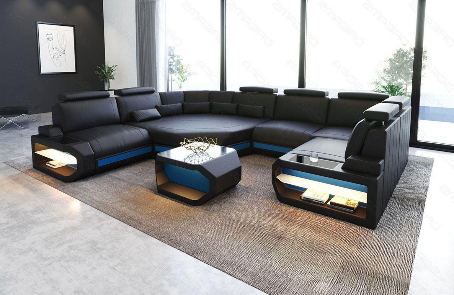 Thumbnail - Sofa Dreams Wohnlandschaft, Schwarz, Blau, Leder, Freiform, 352x93x280 cm, Wohnzimmer, Sofas & Couches, Wohnlandschaften...