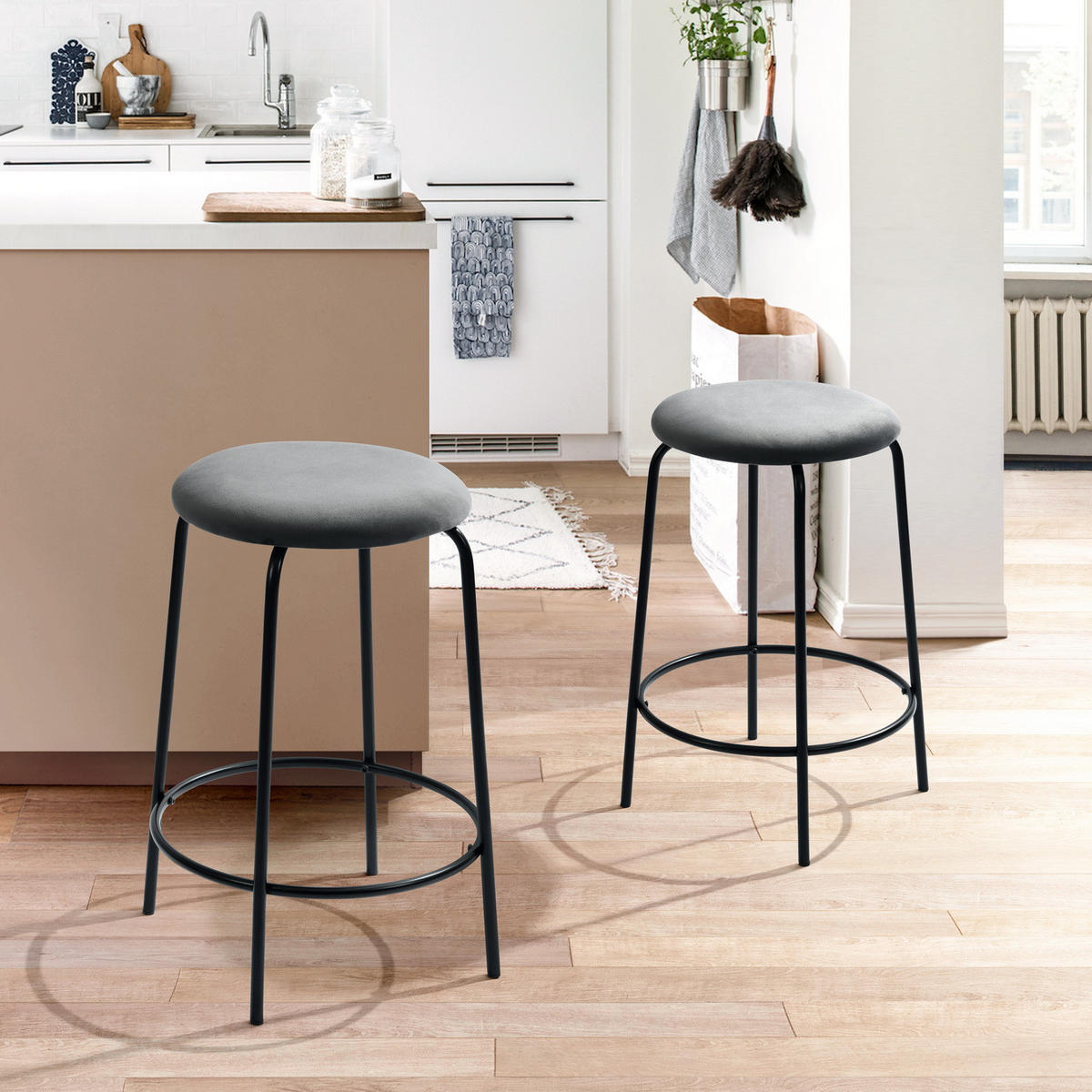 BARHOCKER 2er-Set Metallfüße, Samt, grau - Schwarz/Grau, Metall (36/73/37cm) - Urban Meuble