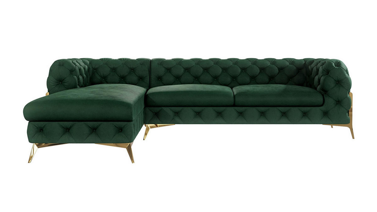 ECKSOFA Chesterfield Lexi Flasche Grün Samt, Ottomane links - Smaragdgrün/Goldfarben, Holz/Textil (305/200cm) - S-Style Möbel
