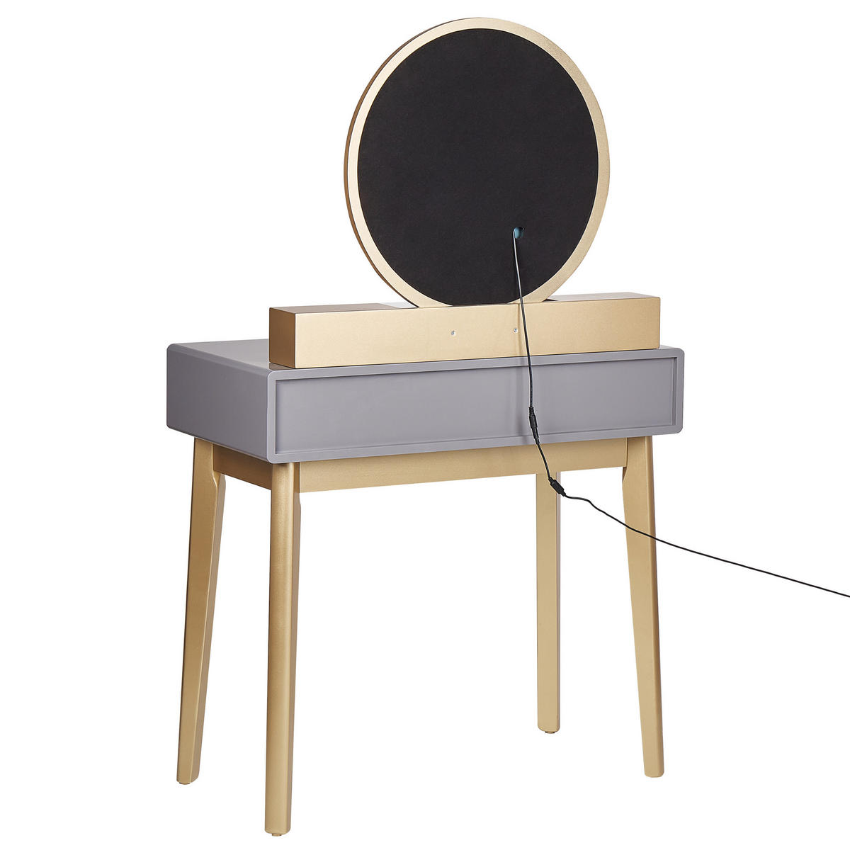 SCHMINKTISCH mit rundem LED-Spiegel Hocker 4 Schubladen grau/gold Fedry - Goldfarben/Grau, Holzwerkstoff (80/134/40cm) - Beliani