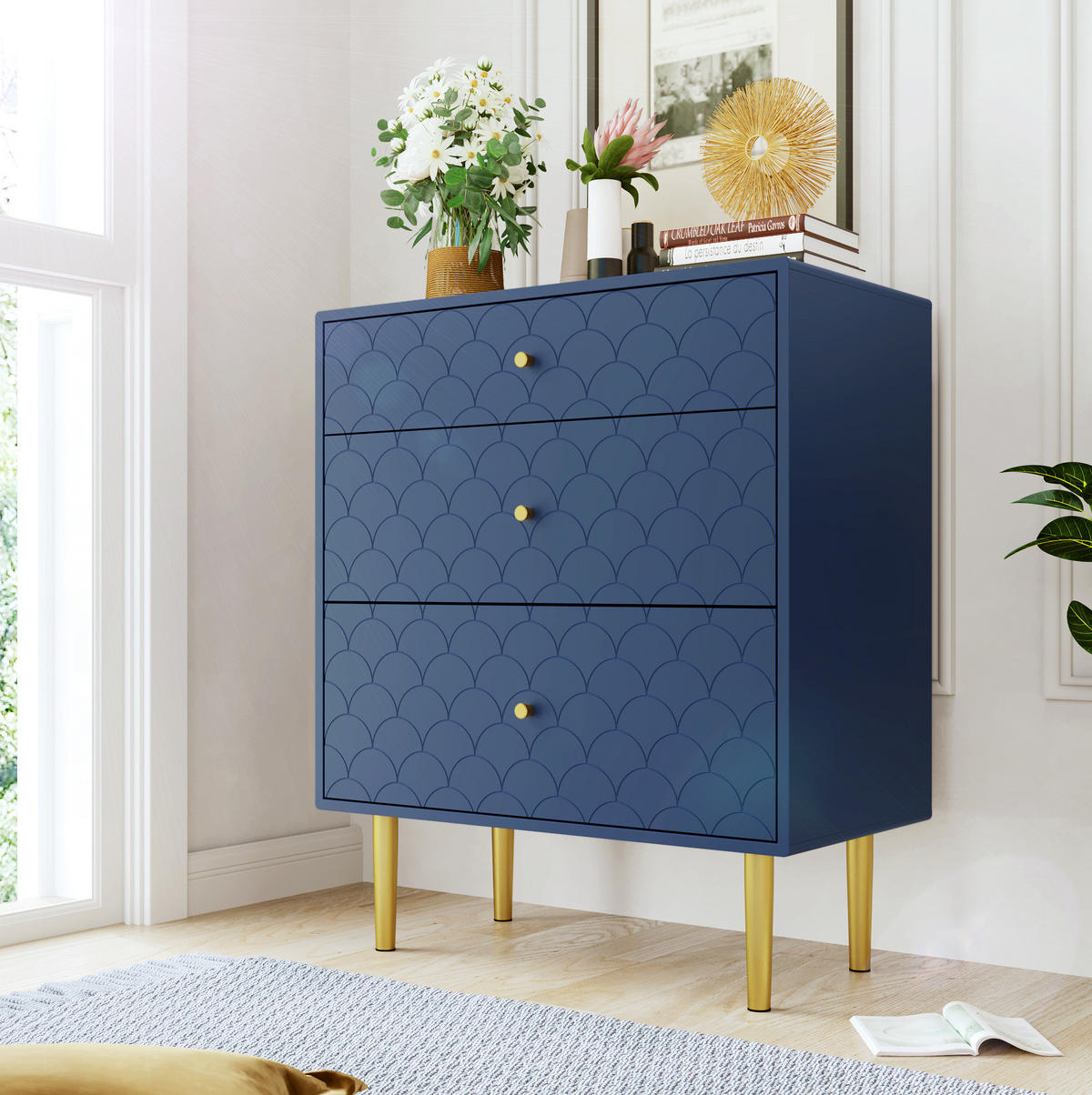 KOMMODE aus Spanplatte und Metall 75x40x89 cm Marineblau mit 3 Schubladen - Dunkelblau, Holzwerkstoff (75/89/40cm) - IVMEU