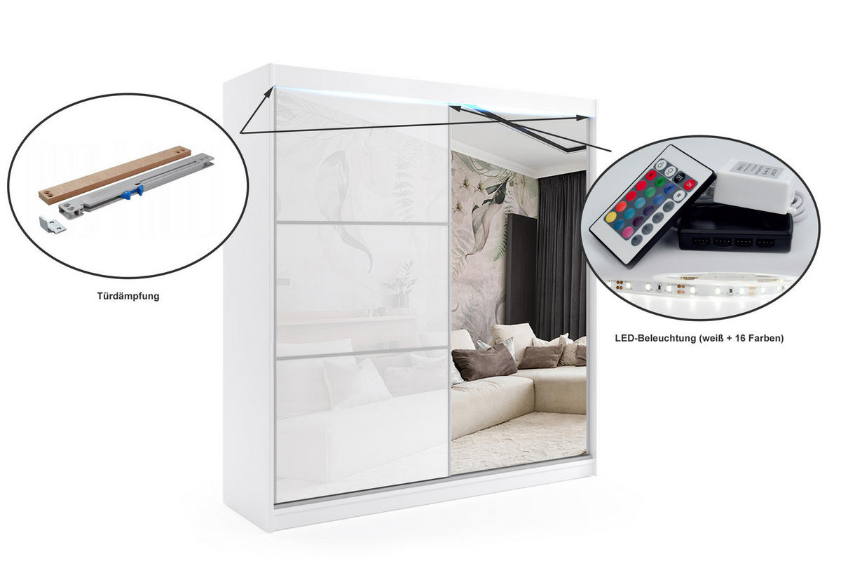 KLEIDERSCHRANK mit Spiegel-Schiebetüren und Aluminium-Leisten, LED-Beleuchtung - VIVONA - 200 cm Weiß - Weiß, Holzwerkstoff (200/216/61cm) - ALTDECOR