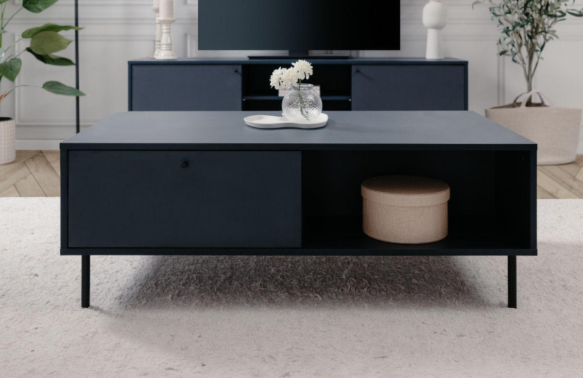 COUCHTISCH blau 110 cm, Wohnzimmertisch mit Stauraum - Blau/Schwarz, Holzwerkstoff/Metall (110/60/40cm) - Furn.Design