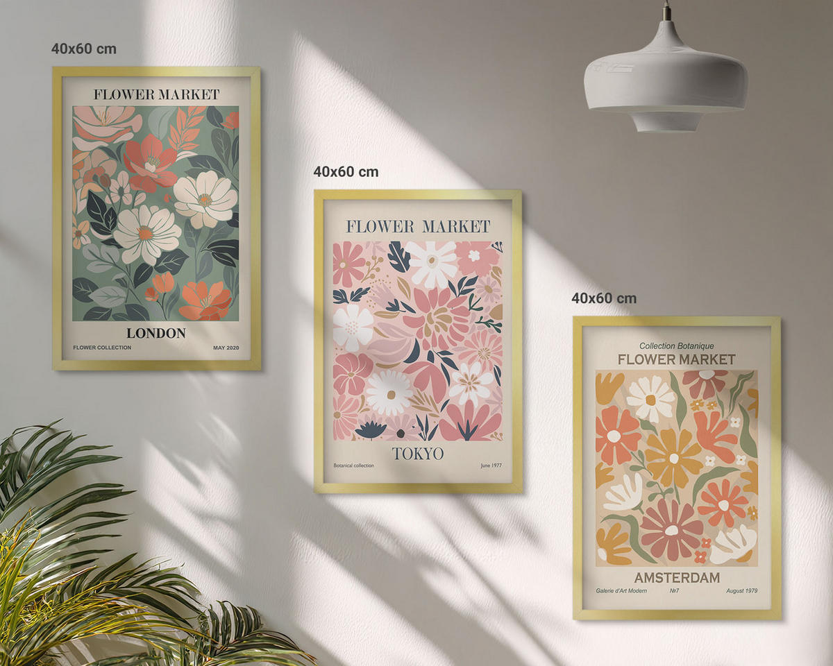 BILDER SET 3er Set - 40x60 cm Goldrahmen - Blumenmuster London Tokio Amsterdam - Goldfarben, Kunststoff (40/60cm) - TULUP