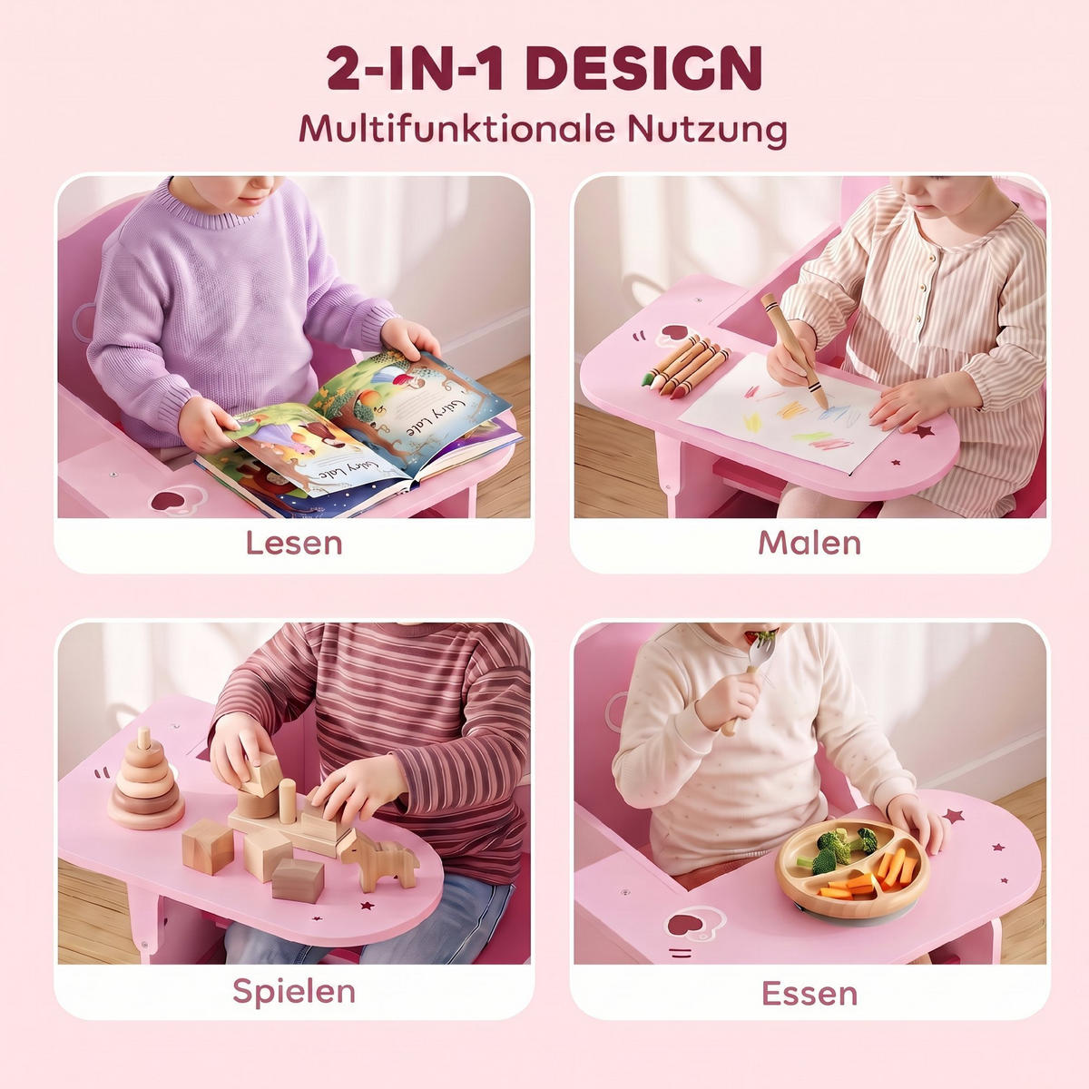 KINDERTISCH-MIT-STUHL MDF Vliesstoff Rosa - Rosa, Holzwerkstoff/Textil (51/59/58.5cm) - AIYAPLAY