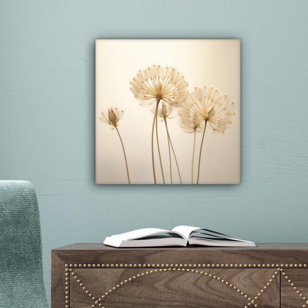 LEINWANDBILD Sonnenlicht - Löwenzahn - Botanisch - Blumen Deko Wohnzimmer 20x20 cm - Creme, Textil (20/20cm) - MuchoWow