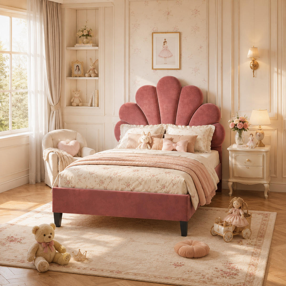 KINDERBETT 90/200 Samt Polsterbett Muschel Kopfteil Jugendbett Rosa - Hellrot, Metall (90/200cm) - Joyfair