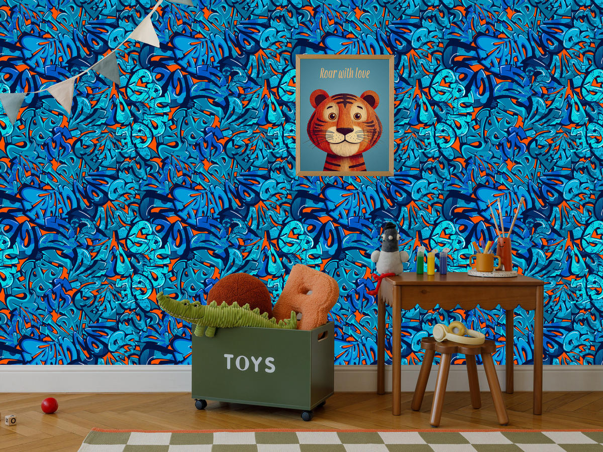 VLIESTAPETE Modernes Graffiti – Blau, Orange – 50x1000 cm - Blau/Orange, Papier (50/1000cm) - Muralo