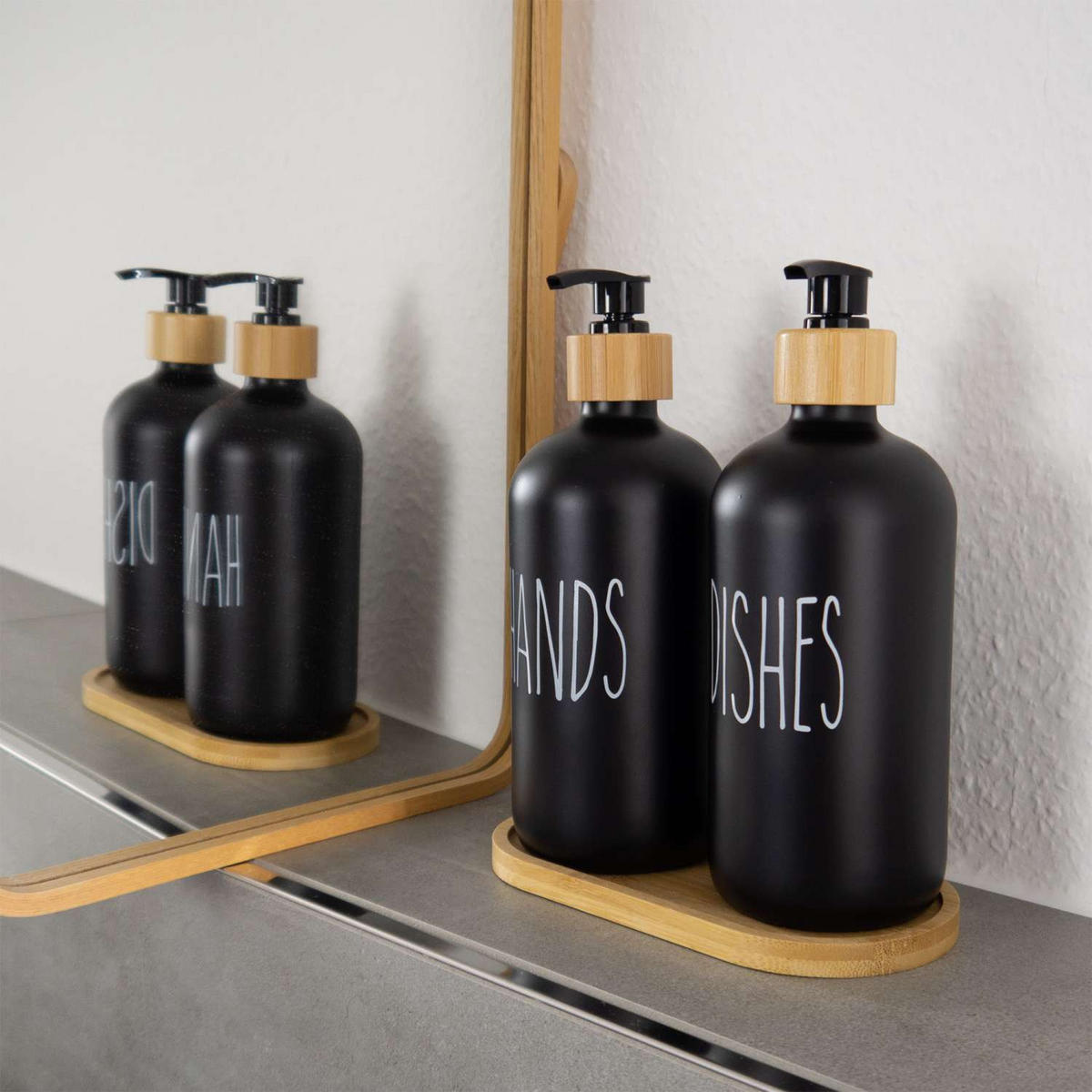 SEIFENSPENDER SET 500ml mit Tablett (3-tlg.) - Schwarz, Glas (8.8/20.6/17.4cm) - Intirilife