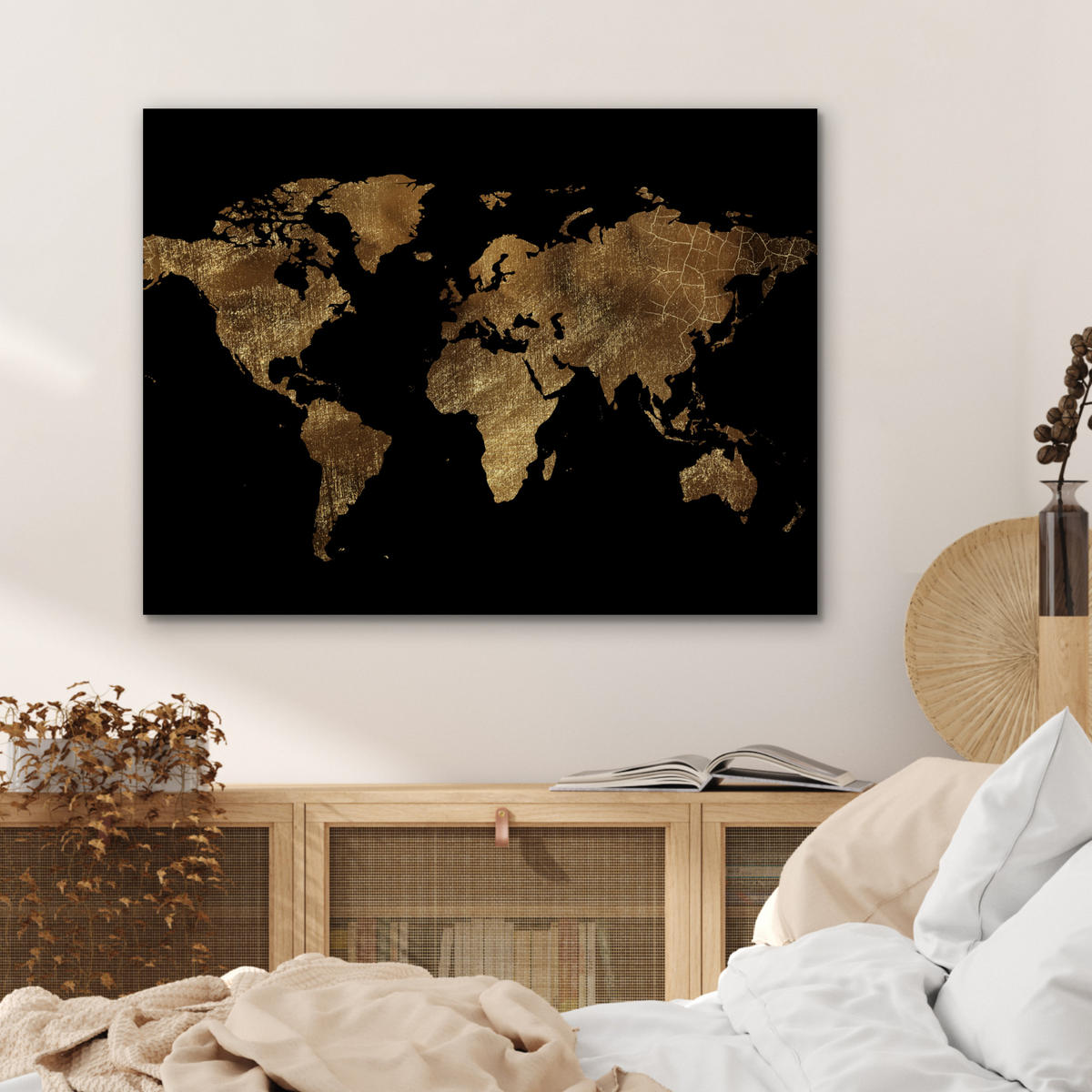 KOVOVÝ OBRAZ Mapa sveta - Zlato - Luxus - Zem - Čierna 80x60 cm - zlatá, kov (80/60cm) - MuchoWow