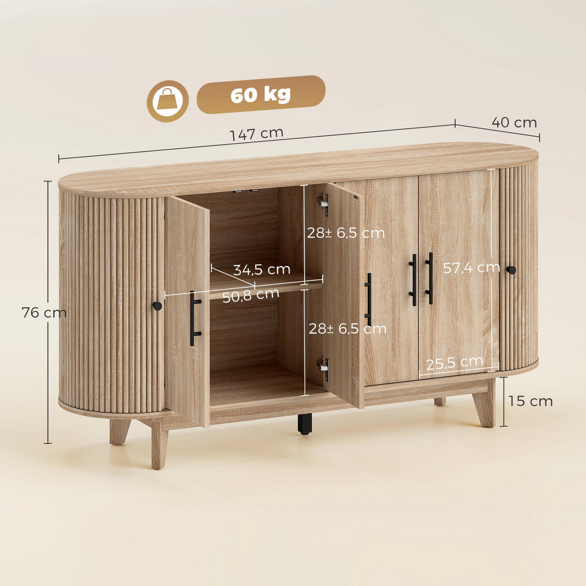 SIDEBOARD Eiche-Nachbildung, 4 Türen, 147/40/76 cm - Eichefarben, Holz (147/76/40cm) - PANGIVO